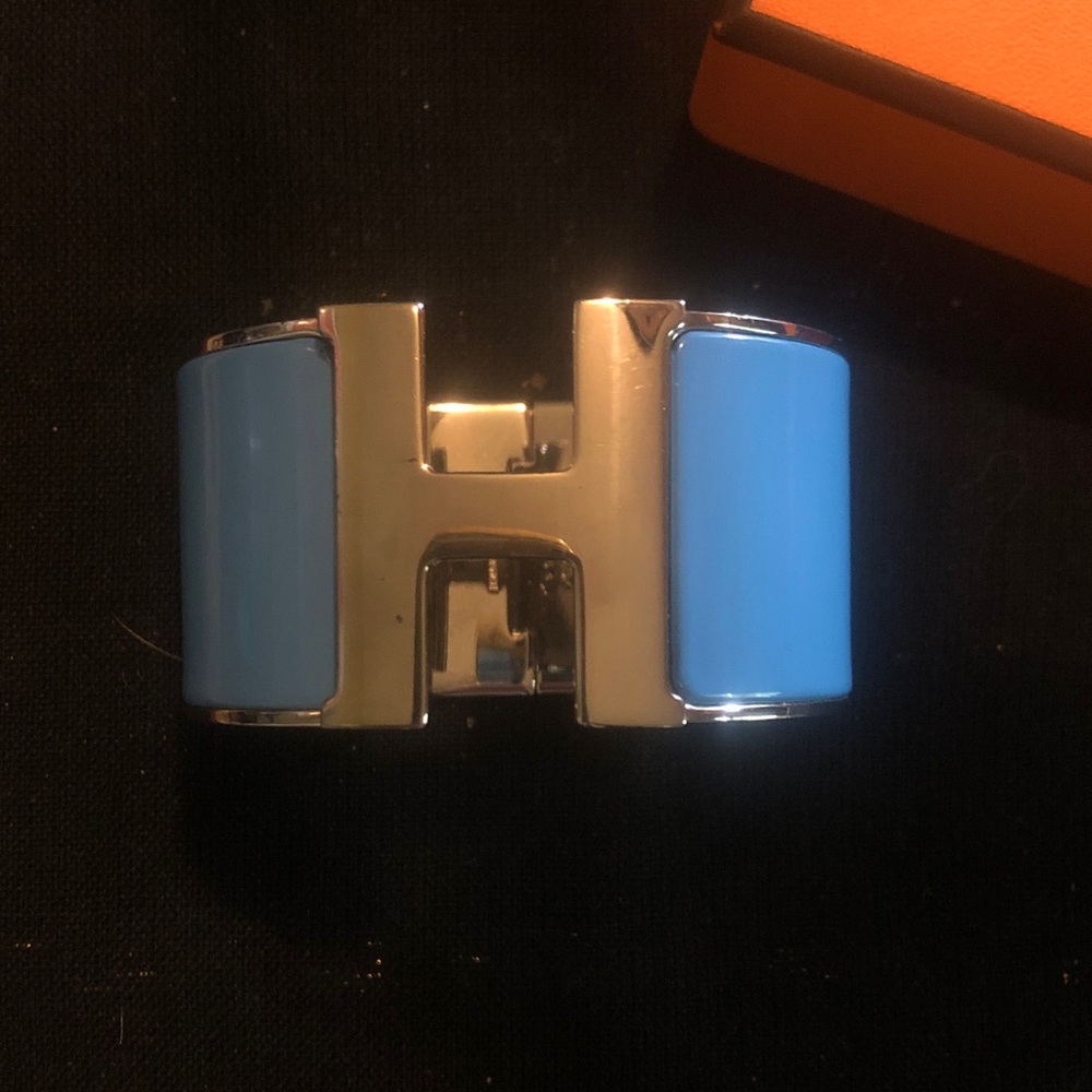 Hermes Click H X wide 3.5 cm bracelet I silver & blue France w/ Hermes pouch box - Picture 3 of 12